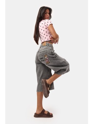 It's Basic Kadın Füme 12s6-13 Baggy Fit Maxi Denim Tasarım Bermuda Şort
