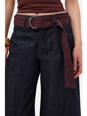 It's Basic Kadın İndigo Selvedge 7s6-50 Barrel Fit Kemer Detaylı Tasarım Denim Jean