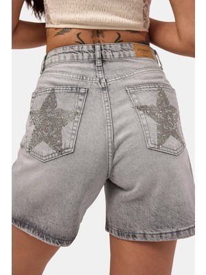 It's Basic Kadın Füme T-4s6-12 Mom Relax Yıldız Detaylı Tasarım Denim Şort