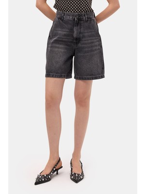 It's Basic Kadın Koyu Füme 2s6-1 Skater Midi Boy Bermuda Denim Şort
