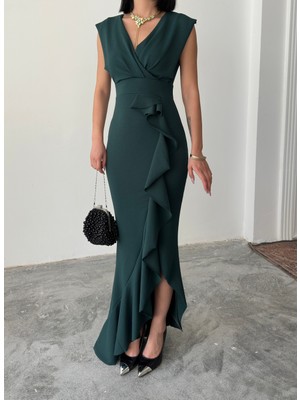 Alfudo Moda Collection Kadın Scuba Dalgıç Kumaş Kruvaze Yaka Eteği Volanlı Abiye Mezuniyet Nikah Elbise