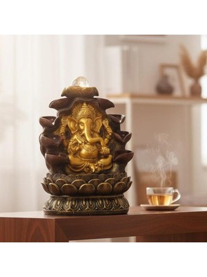 Hediyesahibi Dekoratif Büyük Şelaleli LED Işıklı Ganesha Masaüstü Dekoratif Su Çeşmesi – Feng Shui Ev, Ofis ve Meditasyon Dekoru 40CM