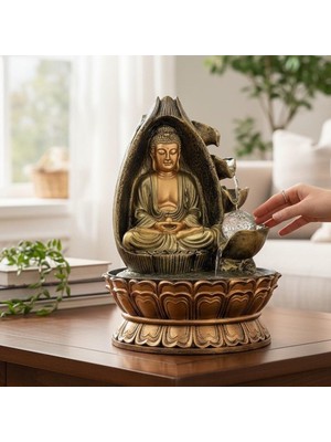 Keyfim Shop Dekoratif Büyük Şelaleli LED Işıklı Buddha Masaüstü Dekoratif Su Çeşmesi – Feng Shui Meditasyon ve Ev Ofis Dekoru 40CM