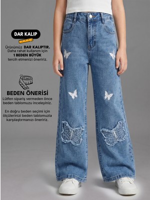 Robin Kids Kız Çocuk Kelebek Nakışlı Likralı Kalın Beli Lastikli Pantolon