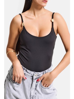 It's Basic Kadın Siyah s6-1 Askılı Aksesuar Detaylı Çıtçıtlı Body
