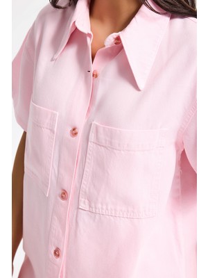It's Basic Kadın Light Pembe 6s6-98 Oversize %100 Koton Pamuk Denim Gömlek