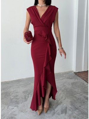 Alfudo Moda Collection Kadın Scuba Dalgıç Kumaş Kruvaze Yaka Eteği Volanlı Abiye Mezuniyet Nikah Elbise