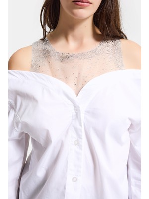It's Basic Kadın Beyaz Oversize Tül Dantelli Özel Tasarım Gömlek