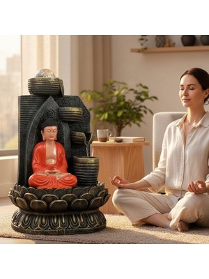 Keyfim Shop Dekoratif Büyük Şelaleli LED Işıklı Buddha Masaüstü Dekoratif Su Çeşmesi – Akan Su Efektli Feng Shui Meditasyon, Yoga, Ev ve Ofis Dekoru 40CM
