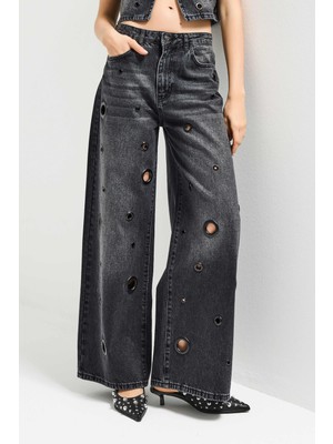 It's Basic Kadın Koyu Füme 2s6-1 Baggy Fit Kuş Gözü Tasarım Denim Jean