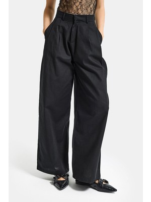It's Basic Kadın Siyah Palazzo Fit Yüksek Bel Organik Keten Pantolon