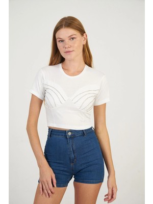 Tiffany & Tomato Taşlı Crop T-Shirt