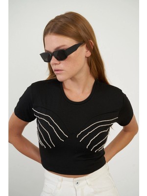 Tiffany & Tomato Taşlı Crop T-Shirt
