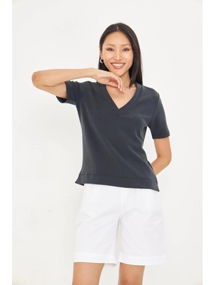 Tiffany & Tomato V Yaka Oversize Modal T-Shirt - Siyah