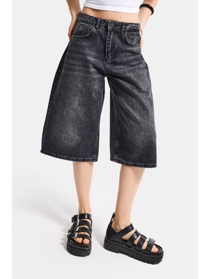 It's Basic Kadın Koyu Füme 2s6-1 Maxi Süper Baggy Fit Bermuda Denim Şort