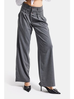 It's Basic Kadın Antrasit s6 Tailored Fit Bol Kesim Çift Kemer Tasarım Poliviskon Kumaş Pantolon