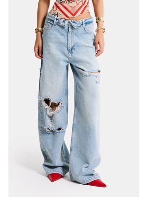 It's Basic Kadın Kot Rengi 12s6-32 Straight Fit Kemer Detaylı Özel Tasarım Denim Jean