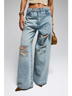 It's Basic Kadın Kot Rengi T-12s6-32 Süper Baggy Orta Bel Parlak Taşlı Özel Tasarım Denim Jean