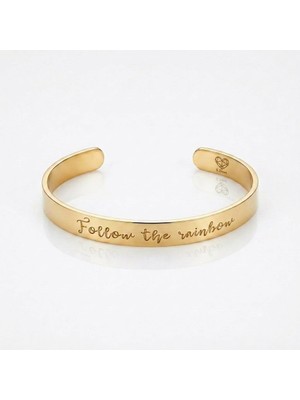 Ceyyiz Özel Tasarım Kadın Altın Kaplama Çelik Bileklik - "follow The Rainbow" Yazılı Kelepçe