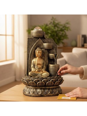 Hediyesahibi Dekoratif Büyük Şelaleli LED Işıklı Buddha Masaüstü Dekoratif Su Çeşmesi – Akan Su Efektli Feng Shui, Meditasyon, Yoga, Ev ve Ofis Dekoru 40CM
