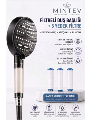 Mintev Pureflow 6 Fonksiyonlu Filtreli Duş Başlığı El Duşu | 3 Adet Yedek Filtre Hediyeli | Kireç Önleyici | Su Arıtıcı | Klor Arıtıcı