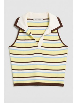 It's Basic Kadın Sarı Çizgili s6-108 Crop Fit Polo Yaka İnce Yazlık Triko Body