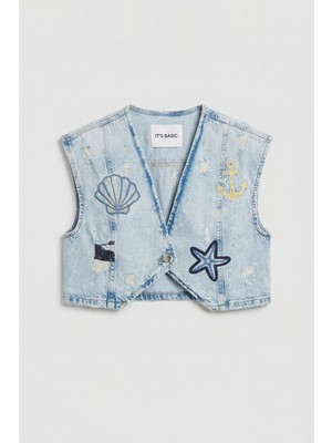 It's Basic Kadın Kot Rengi T-12S6-99 Nakış Detaylı Crop Fit Tasarım Denim Yelek