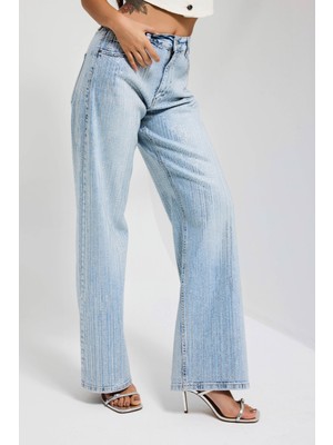 It's Basic Kadın Kot Rengi T-4s6-3 Loose Fit Ön Arka Parlak Taşlı Tasarım Denim Jean