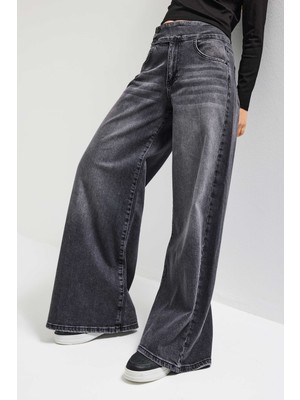 It's Basic Kadın Füme 4s6-14 Palazzo Fit Kemer Detaylı Elastan Kumaş Denim Jean