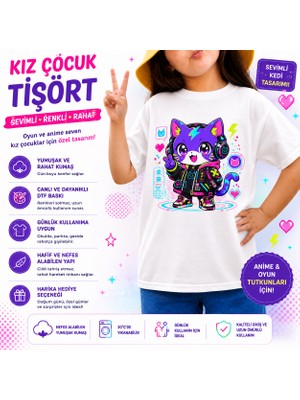 Tişört Kodu Cyber Kedi Tasarımlı Kız Çocuk Tişörtü – Anime & Gaming Temalı