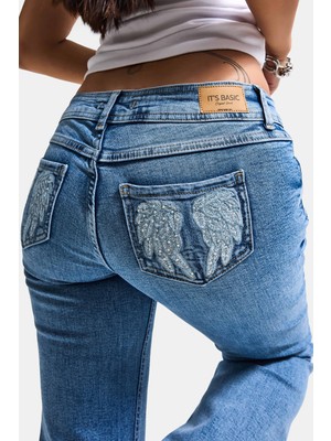 It's Basic Kadın Mavi T-4s6-4 Flare Fit Düşük Bel Taş Detaylı Özel Tasarım Denim Jean