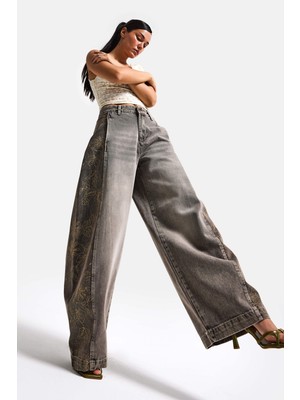 It's Basic Kadın Kot Rengi 4s6-16 Süper Baggy Balon Fit Nakış Detaylı Özel Tasarım Denim Jean