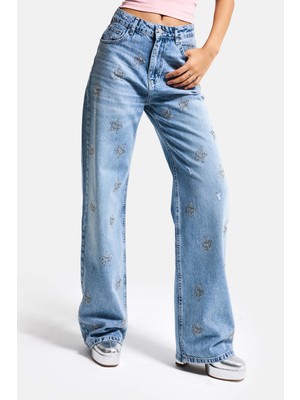 It's Basic Kadın Mavi T1-12s6-99 Straight Fit Parlak Yıldız Taşlı Özel Tasarım Denim Jean