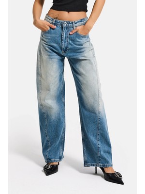 It's Basic Kadın T.Kot Rengi 4s6-32 Mid Rise Baggy Barrel Komfort Kumaş Denim Jean