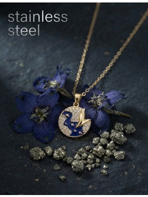 Stainless Steel 316L Çelik Zincir Gold Renk Gece Model Zirkon Taşlı Kolye