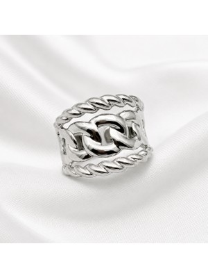 Haki Store Gümüş Renk Ayarlanabilir Çelik Vintage Zincir Detaylı Tasarım Kadın Yüzük