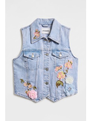 It's Basic Kadın Kot Rengi 3s6-89 Crop Fit Gül ve Nakış Detaylı Özel Tasarım Denim Yelek