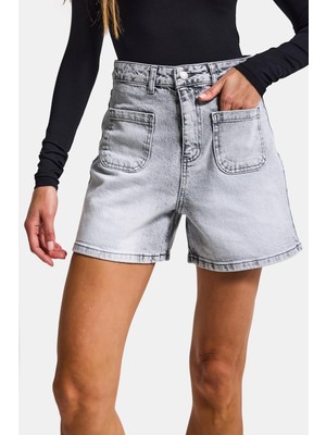 It's Basic Kadın Gri Kot 4s6-12 Mom Fit Önden Cepli Denim Şort