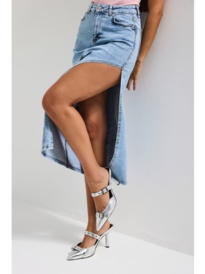 It's Basic Kadın Kot Rengi 3s6-3 Maxi Yandan Yırtmaç Detaylı Tasarım Likralı Kumaş Denim Etek