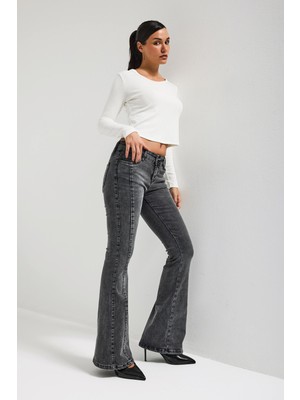 It's Basic Kadın Antrasit 4s6-14 SWL Mid Rise Flare Fit Kemer Detaylı Esnek Kumaş Denim Jean