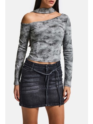 It's Basic Kadın Koyu Füme 2s6-1 Straight Fit Kemer Detaylı Elastan Mini Denim Etek