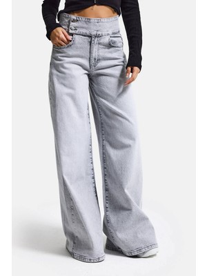 It's Basic Kadın Gri Renk 4s6-12 Palazzo Fit Kemer Detaylı Elastan Kumaş Denim Jean
