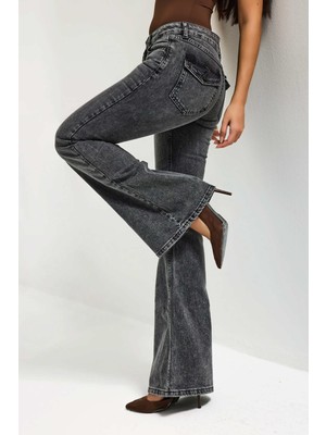 It's Basic Kadın Kot Füme 4s6-14 SLN05 Mide Rise Flare Fit Süper Esnek Kumaş İç Boy 83cm Denim Jean