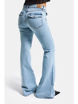 It's Basic Kadın Ice Rengi 4s6-3 SLN05 Mide Rise Flare Fit Süper Esnek Kumaş İç Boy 83cm Denim Jean