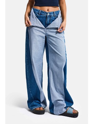 It's Basic Kadın Kot Rengi Palazzo Fit Çift Kemer Detaylı Özel Tasarım Denim Jean