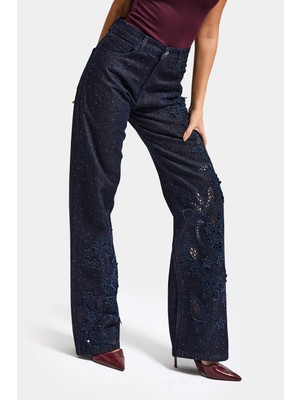 It's Basic Kadın İndigo Selvedge T-7s6-50 Loose Fit Nakış Dantel Desenli Özel Tasarım Denim Jean