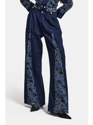 It's Basic Kadın İndigo Selvedge 7s6-50 Wide Leg Dantel Nakış Detaylı Özel Tasarım Denim Jean