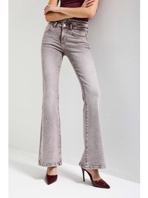 It's Basic Kadın Taş Rengi 4s6-158 Flare Fit Esnek Kumaş Düşük Bel Denim Jean