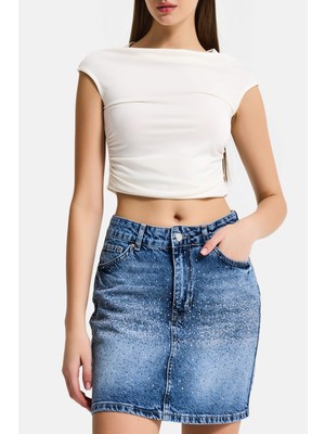 It's Basic Kadın Mavi T2-4s6-4 Straight Fit Parlak Taşlı Özel Tasarım Mini Denim Etek
