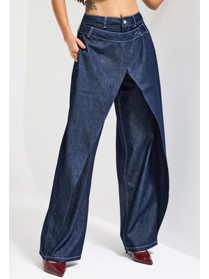 It's Basic Kadın İndigo Bol Kesim Balon Fit Çift Pantolon Detaylı Özel Tasarım Denim Jean
